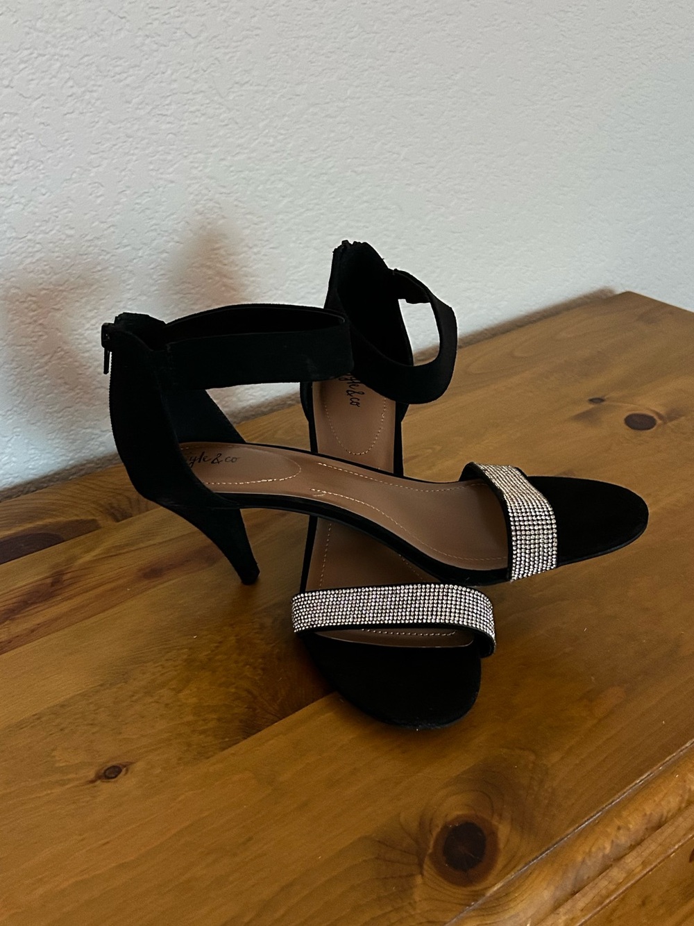 Style & Co. Black Rhinestone Strap Ankle-Heel Sandals